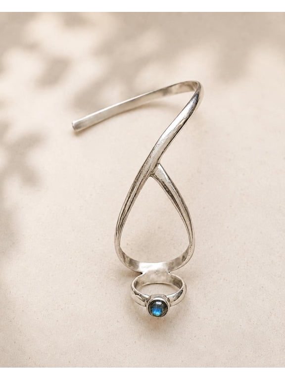 Labradorite Swan Ring Silver Adjustable Art Deco Cabochon Band, Handmade Boho Statement Fashion Jewelry
