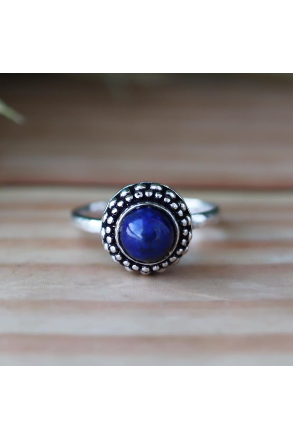 - Lapis Lazuli Ring Boho Statement Blue Gemstone Jewelry | Vintage Silver-Plated Brass Cabochon Stone