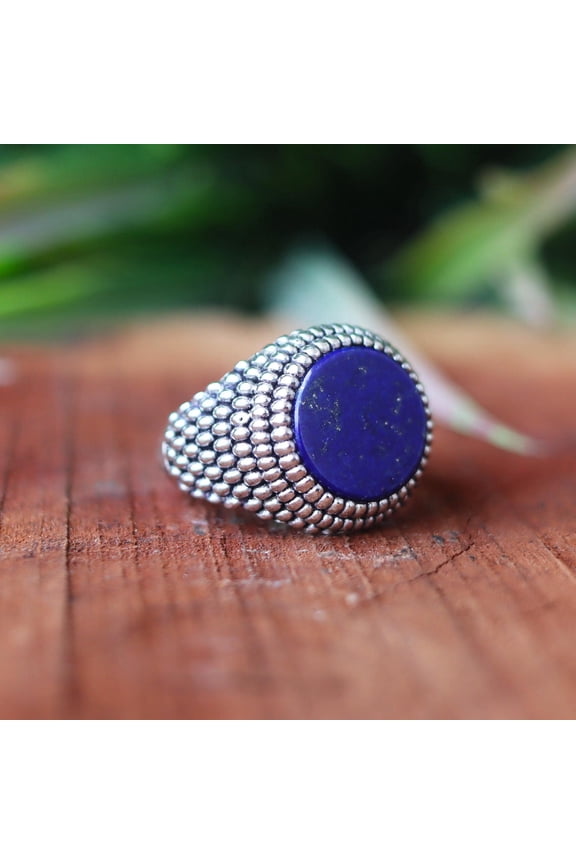 - Lapis Lazuli Ring - Handmade Sterling Silver Band With Beaded Design, Unique Blue Gemstone Jewelry Gift