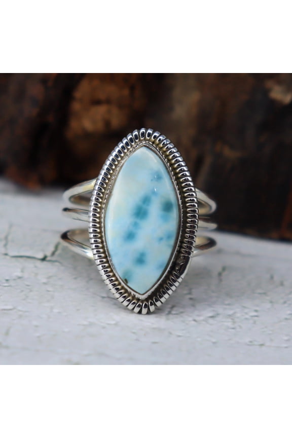 - Larimar Gemstone Ring - Adjustable Sterling Silver Band | Handmade Blue Statement Jewelry Gift For Wife