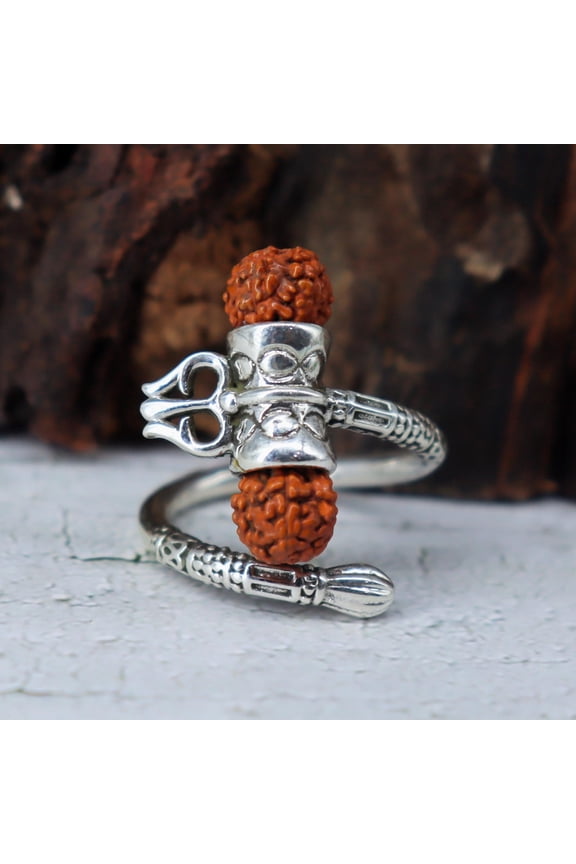 - Lord Shiva Ring - Handmade 925 Sterling Silver Adjustable Unisex Ring with Rudraksha Bead, Damru & Trisul Symbols