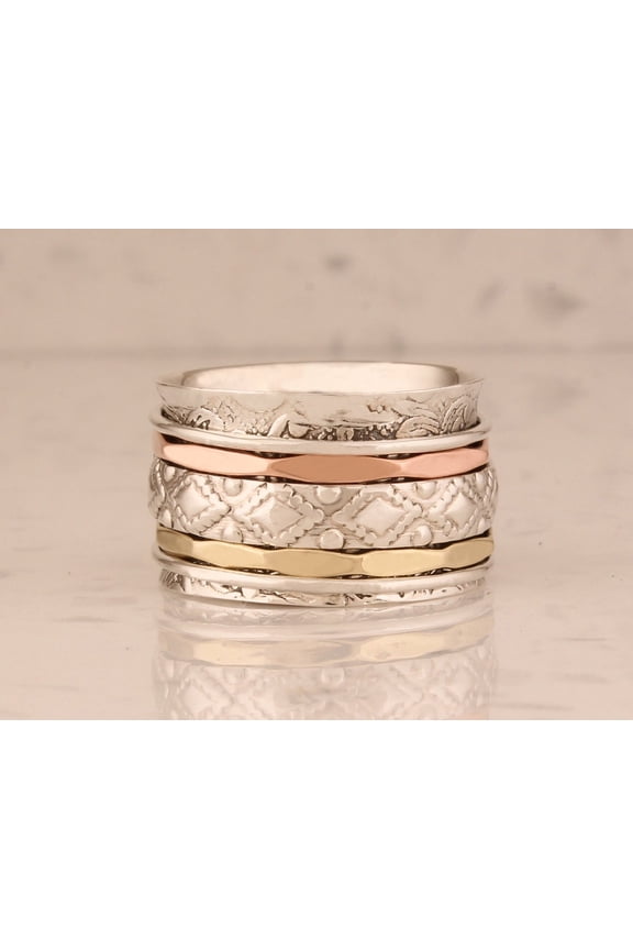 - Mixed Metal Spinner Ring Handmade Three Tone Sterling Silver Ring for Anxiety Relief and Stress Reduction Band