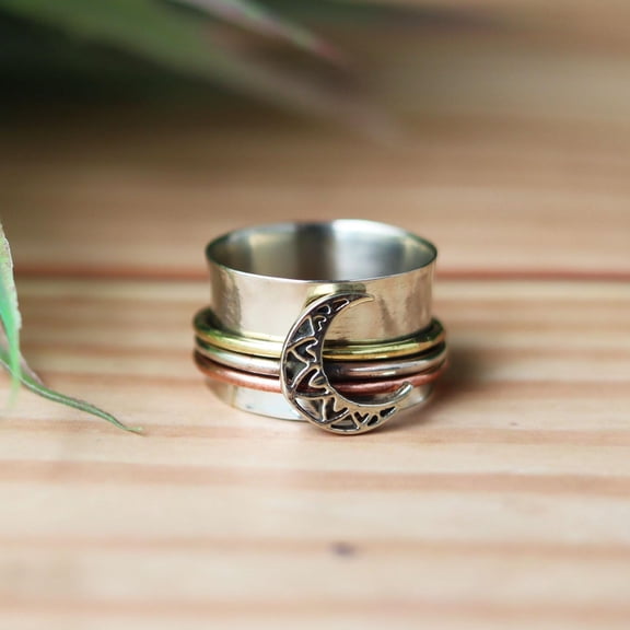 LD DESIGNS - Moon Spinner Ring | Celestial Meditation Jewelry - Boho Fidget Crescent Moon Mixed Metal Wide Band