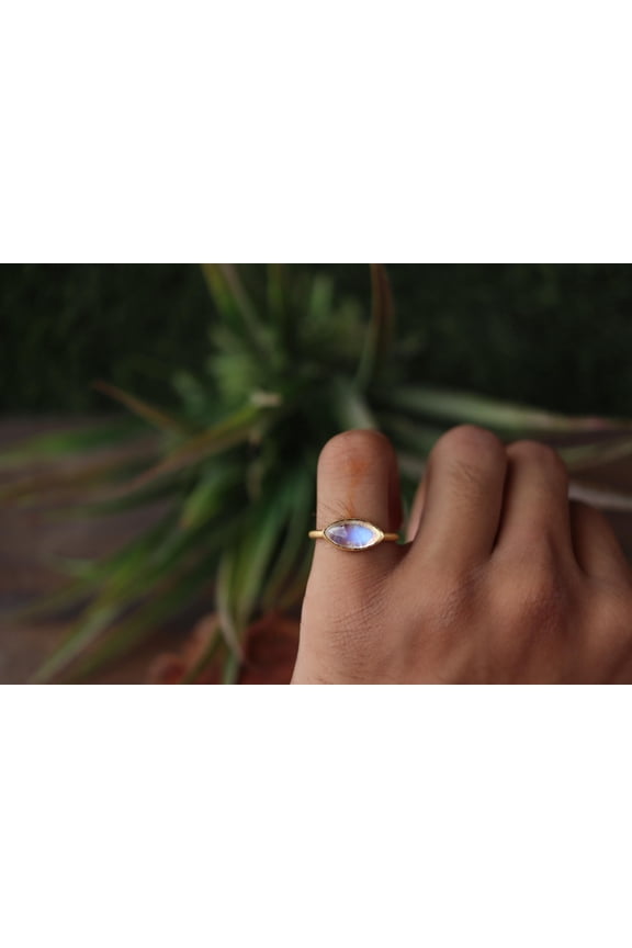 - Moonstone Ring Adjustable Band - Handmade 925 Sterling Silver Gold Plated White Gemstone with Rainbow Flash