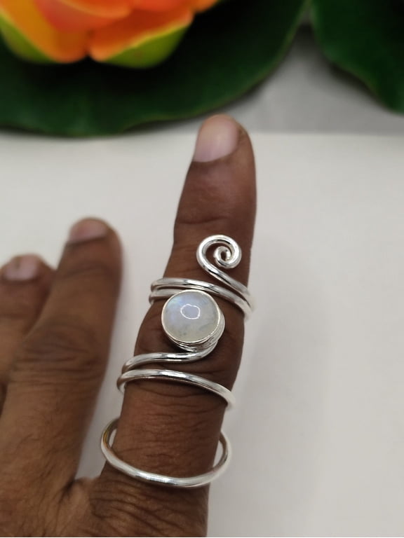 Moonstone Thumb Ring Silver Adjustable Open Band Boho Artisan Cabochon Statement Ring Jewelry Handcrafted