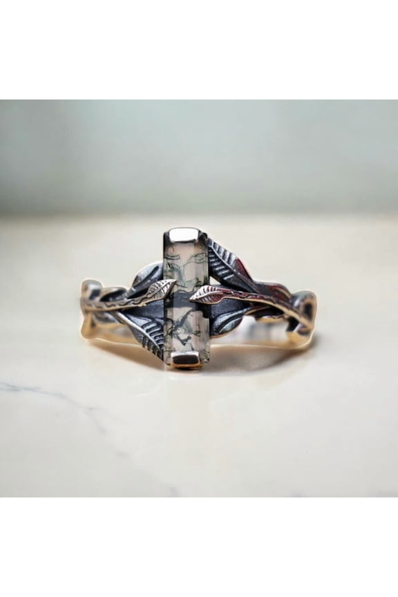 - Moss Agate Ring Artisan Crafted 925 Sterling Silver Boho Leaf Design, Dainty Earthy Statement Jewelry