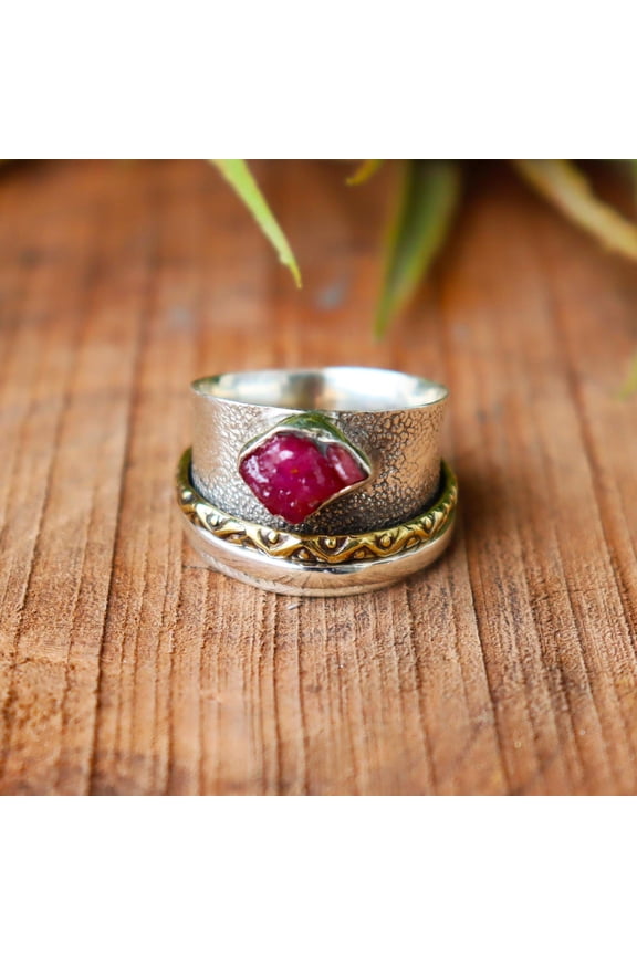 - Natural Ruby Ring | Textured Band Spinner - Raw Pink Gemstone 925 Sterling Silver Adjustable Comfort Fit