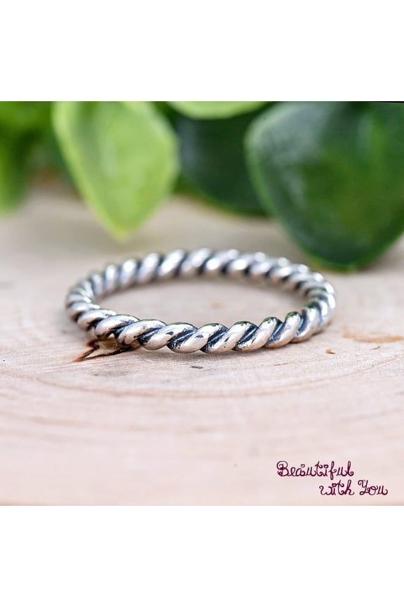 - Oxidized Sterling Silver Ring Twist Rope Stackable Silver Band, Minimalist 2mm Eternity Boho Fashion Jewelry