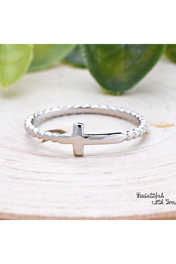 Petite Sideways Cross Ring, Sterling Silver Sideways Cross Bead Ball Ring, Minimalist Cross Bead Ring, Cross Bubble Statement Ring