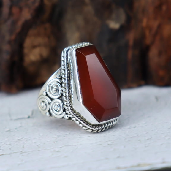 LD DESIGNS - Red Garnet Ring - 925 Sterling Silver Adjustable Band Coffin Shaped Handmade Statement Jewelry