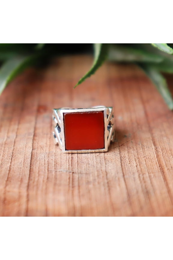 - Red Onyx Ring - Men's Artisan Silver Band Featuring Vibrant Natural Gemstone in Durable 925 Sterling Silver