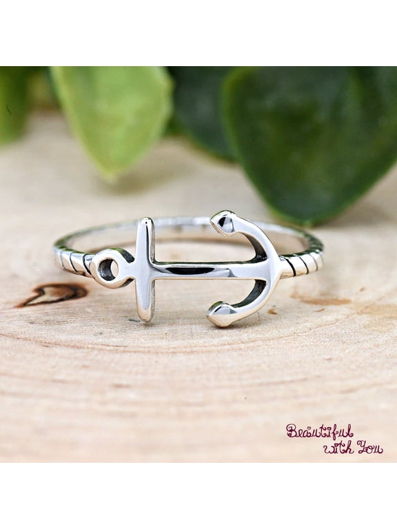 Silver Anchor Ring, Nautical Rope Band Minimalist Stackable Design, Polished Coastal Jewelry for Women Everyday Wear