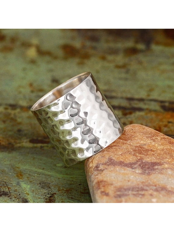 Silver Cuff Ring, Minimalist Boho Silver Ring With Hammered Wide Open Band, Adjustable Everyday Statement Jewelry For Women