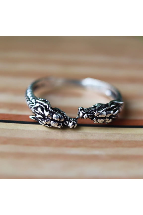 - Silver Dragon Ring - Adjustable 925 Sterling Band With Gothic Twin Dragon Heads For Viking Style Jewelry