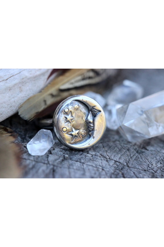- Silver Moon Ring Sterling Silver Band with Intricate Moon Face Design | Celestial Jewelry by