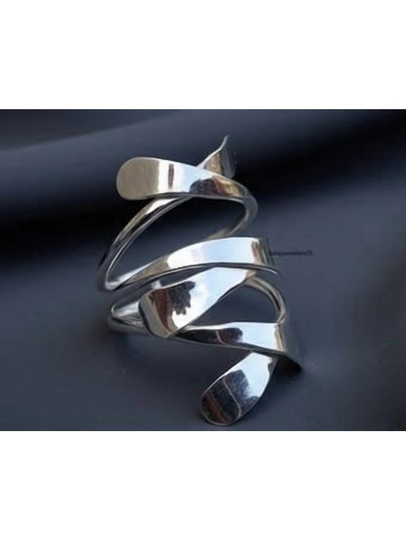 Silver Plated Wrap Ring, Adjustable Artisan Boho Statement Band with Textured Finish