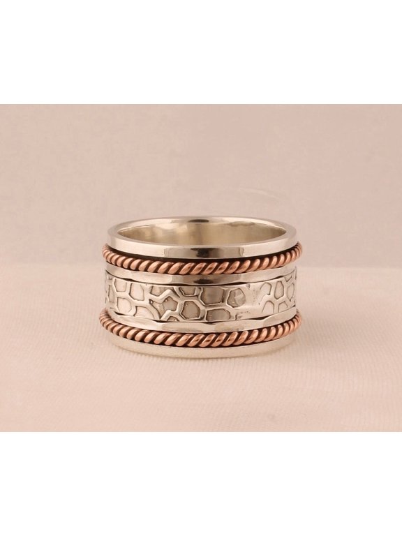 Silver Spinner Ring, Handmade Boho Hammered Rotating Band For Women