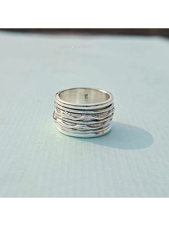 Silver Spinner Ring Polished 8Mm Wide Fashion Band With Smooth Rotating Motion For Women Everyday Wear