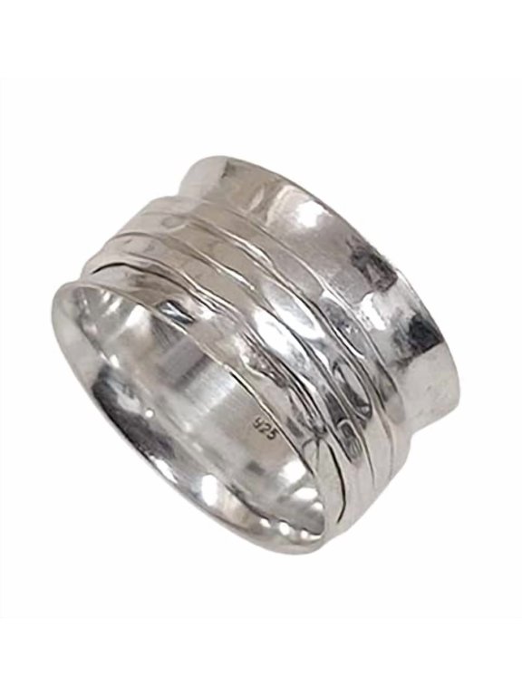 Silver Spinner Ring, Wide Hammered Texture Band with Rotating Design, Modern Statement Jewelry for Women Everyday Wear