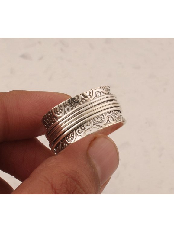 Silver Spinner Ring With Five Engraved Textured Spinning Bands, Boho Artisan Style For Women Everyday Wear