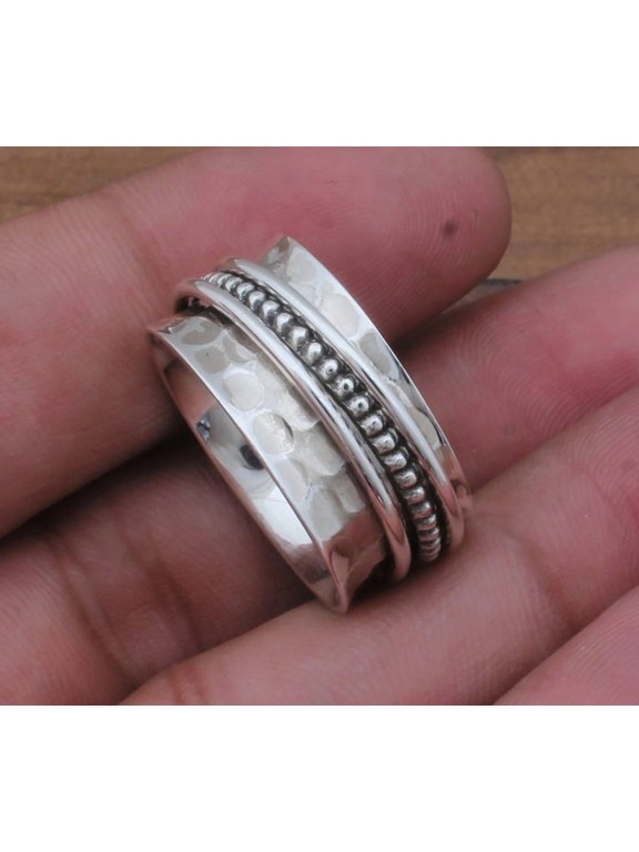 Silver Spinner Ring With Hammered Textured Wide Rotating Band, Boho Silver Jewelry For Everyday Wear