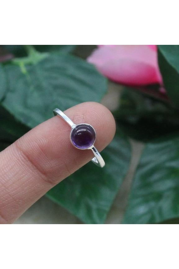 - Silver Stacking Ring - Amethyst Midi Ring with Marquise Gemstone, Custom Size 925 Sterling Silver Band