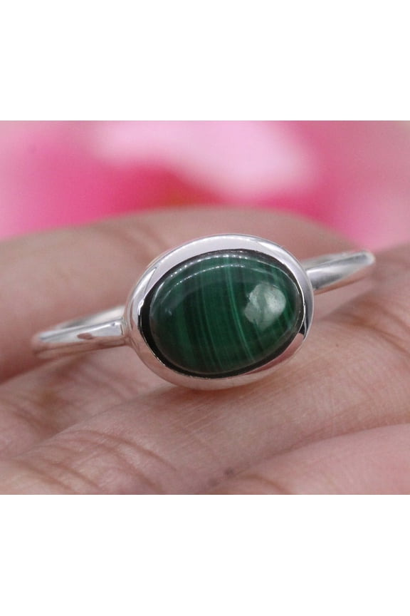 - Silver Stacking Ring - Women's Gemstone Rings with Custom Sizes | Adjustable Midi Bands & Oval Malachite Jewelry