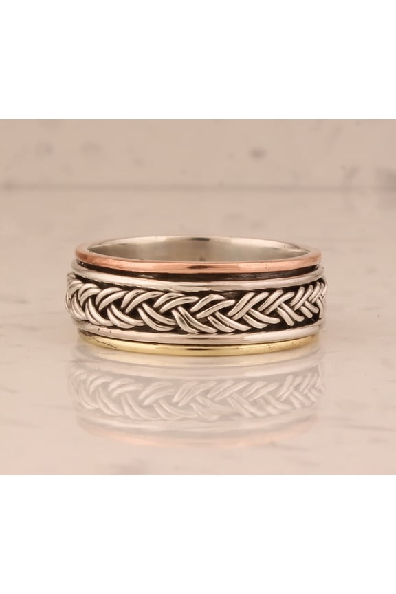 Silver Twisted Wire Spinner Ring – Handmade 925 Sterling Silver Three-Tone Minimalist Fidget Band, Anxiety Relief Meditation Ring for Women, Gifts for Her