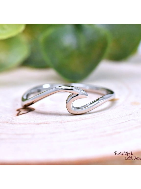 Silver Wave Ring, Minimalist Silver Open Band with Smooth Ocean Curve Motif for Stackable Everyday Women's Jewelry