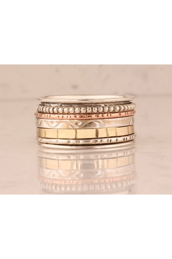 Solid 925 Sterling Silver Three-Band Spinner Ring – Handmade Textured Fidget Anxiety Ring for Women, Minimalist Meditation Ring, Stress Relief Gift