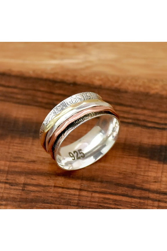 Spinner Ring, 925 Sterling Silver Ring, Two Tone Ring, Skinny Hammer Ring, Wide Band Ring, Textured Ring Triple Spinning Ring Anxiety Ring