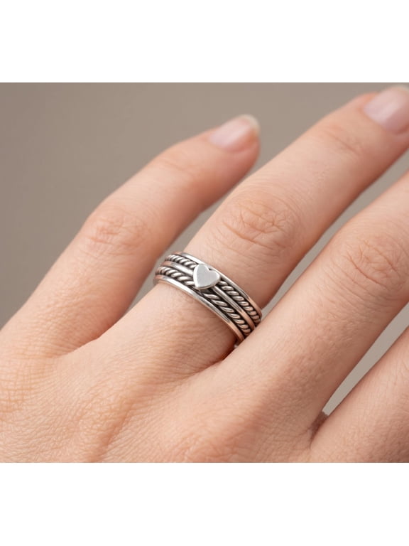 Spinner Ring Elegant Silver Ring With Minimalist Heart Accent, Smooth Polished Fidget Style Jewelry For Women Daily Wear