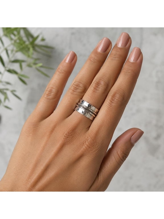 Spinner Ring, Handmade Hammered Silver Wide Band Fidget Ring For Women, Artisan Textured Everyday Statement Jewelry