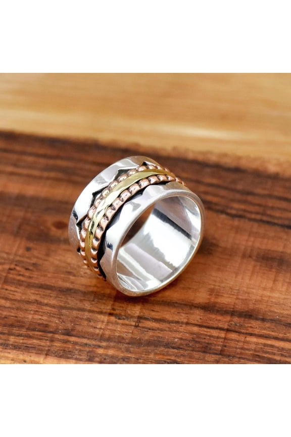 - Spinner Ring Silver - 925 Sterling Wide Band Two Tone Jewelry With Beaded Spinning Design For Anxiety Relief Gift For Her