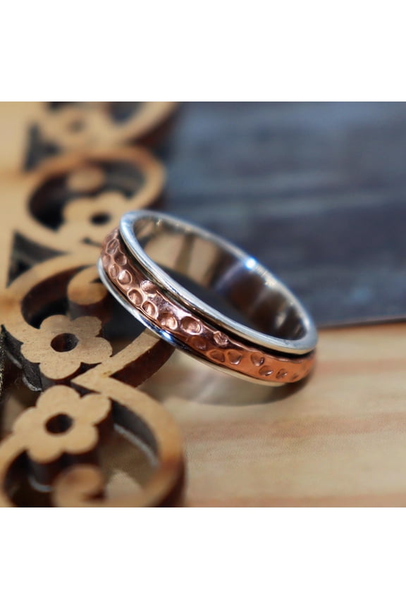 - Spinner Ring Wide Band | Handmade Two-Tone Hammered Texture 925 Sterling Silver Copper Accent