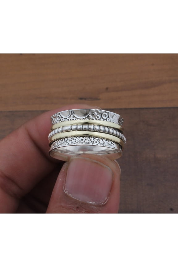 Sterling Silver Carved Spinner Ring – Handmade 925 Engraved Two-Tone Fidget Ring, Boho Meditation Anxiety Ring for Men & Women, Unique Wedding Jewelry Gift