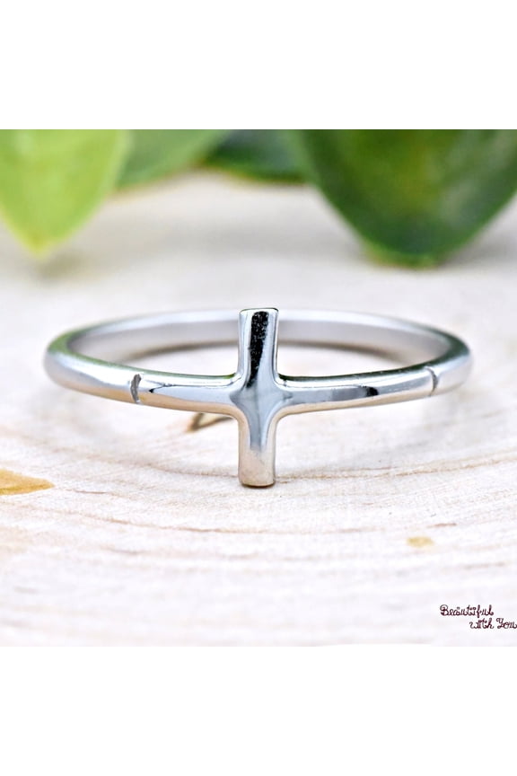 -Sterling Silver Cross Ring â€“ Minimalist Sideways Cross Jewelry, Elegant 925 Silver Band for Faith Promise Engagement Wedding