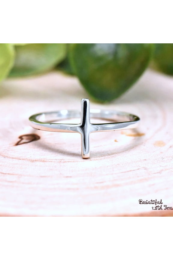 -Sterling Silver Cross Ring â€“ Minimalist Vertical Christian Cross Jewelry for Womenâ€™s Thumb, Elegant Plain Silver Band, Modern Religious Design