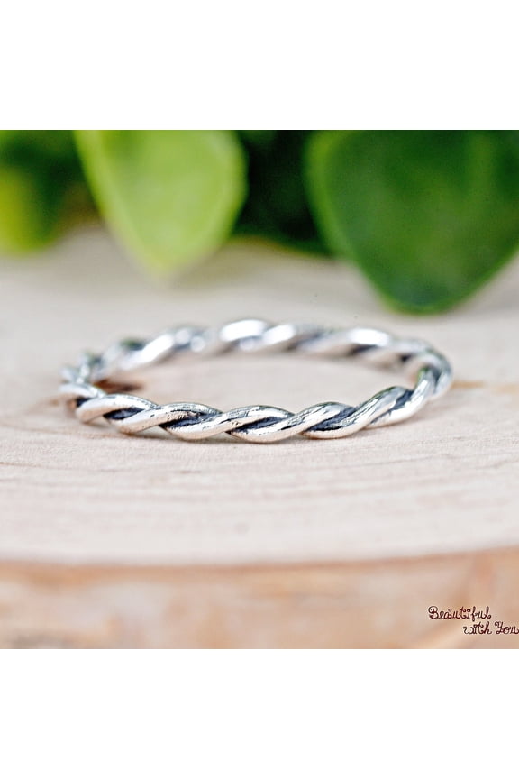 - Sterling Silver Eternity Band Oxidized Braid Knot Twist Rope Ring | Minimalist Silver Stacking Midi Ring