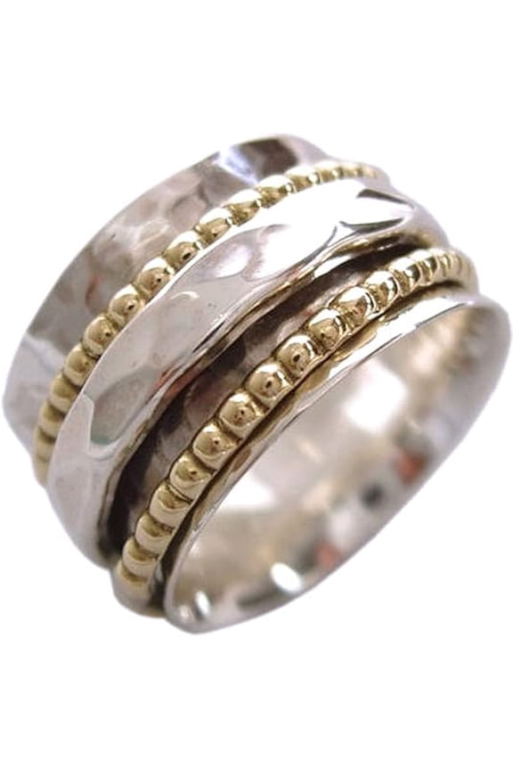 -Sterling Silver Fidget Ring â€“ Elegant Anxiety Relief Spinner on Hammered Band, 925 Silver Comfort Jewelry with Brass and Silver Spinners