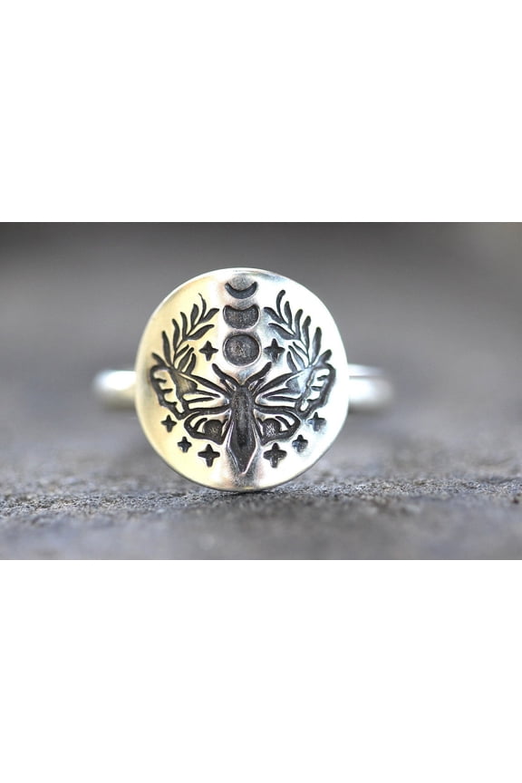 Sterling Silver Moth Ring Celestial Moth Ring Moon Moth Moon Phase Ring
