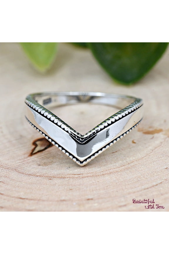 -Sterling Silver Ring - Beaded V Shape Chevron Stackable Thumb Band with High Polished Finish, Lightweight Comfortable Jewelry for Women