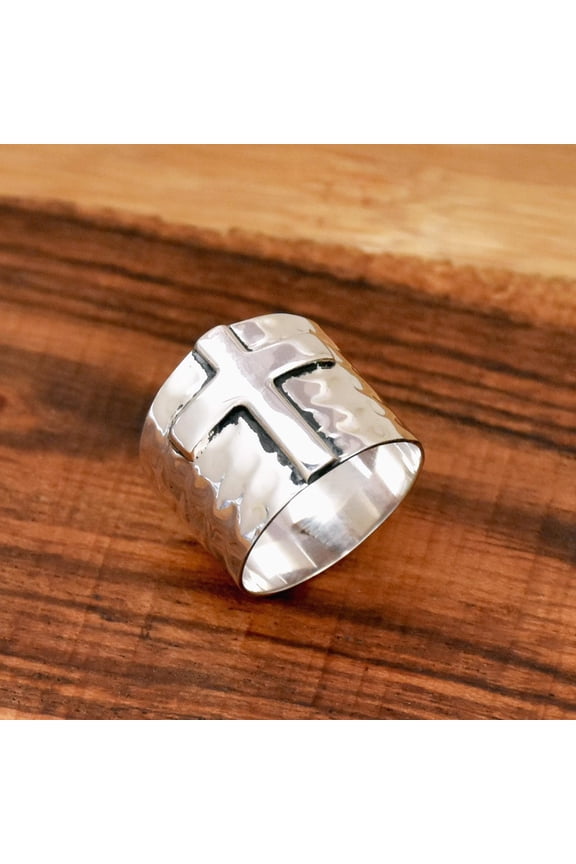 - Sterling Silver Ring Hammered Wide Band Christian Cross Faith Symbol Ring | 925 Silver Jewelry Gift