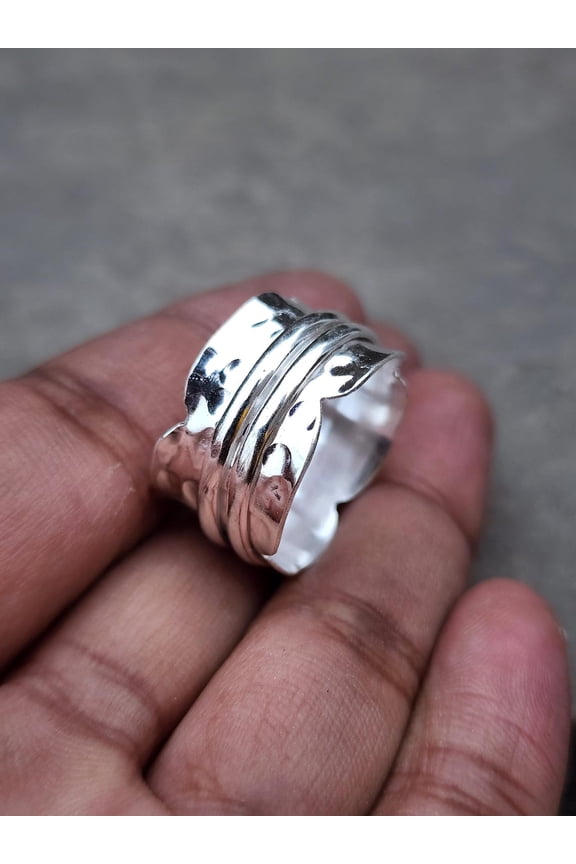 - Sterling Silver Spinner Ring Chunky Meditation Ring with Handmade Leaf Design | Elegant 925 Silver Band Anxiety Relief Jewelry