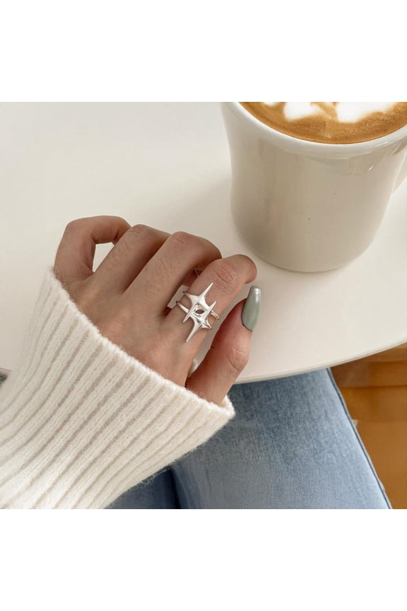 - Sterling Silver Star Ring Adjustable Silver Band With Unique Star Motif & Shine Resistant Finish