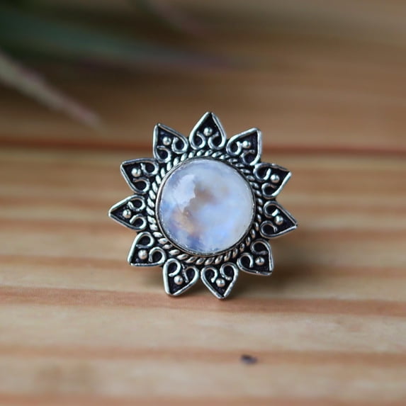 LD DESIGNS - Sunflower Moonstone Ring Artisan Crafted Oxidized Sterling Silver With Delicate Floral Design