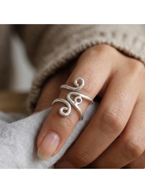Swan Neck Splint Ring, Silver Adjustable Open Band Hammered Accents Minimalist Stackable Handmade