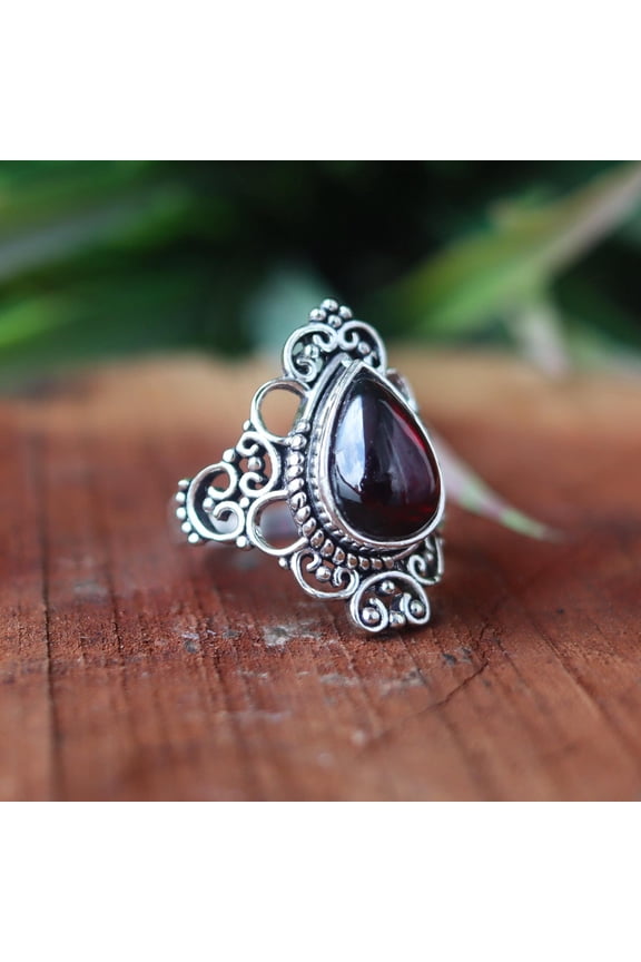 - Teardrop Garnet Ring Handmade Pear Cut Gemstone Sterling Silver Boho Style Jewelry Gift For Her