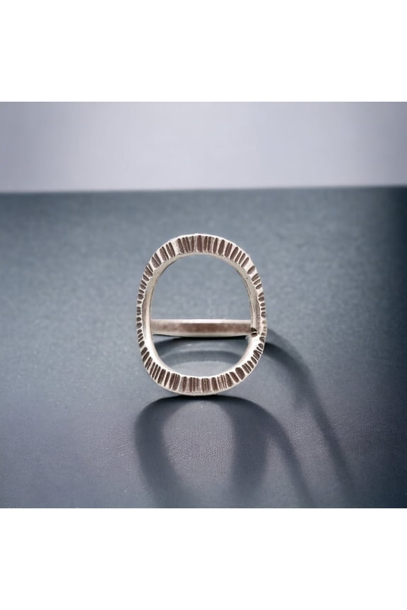 - Textured Oval Ring Adjustable Open Band Sterling Silver Handmade Minimalist Statement Fashion Ring Accessory
