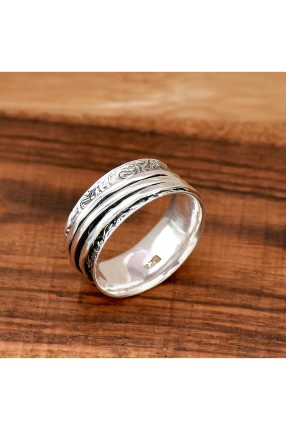- Textured Spinner Ring Sterling Silver Triple Band Spinning Ring for Anxiety Relief and Stylish Stackable Band Jewelry
